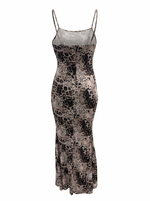 Ghost cut image of a brown LEOPARD PRINT SLEEVELESS V NECK MAXI DRESS on a white background.