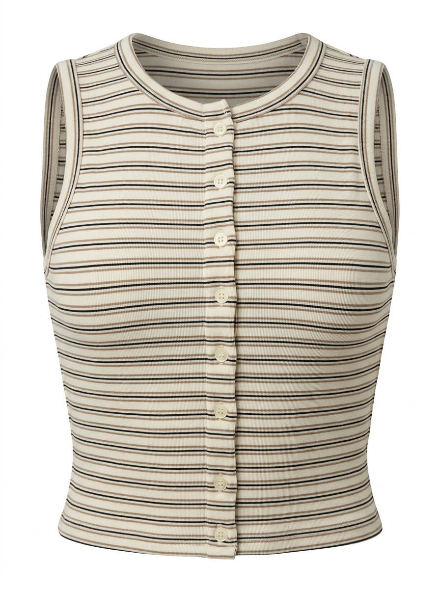 Ghost photo of an ivory STRIPED SLEEVELESS BUTTON UP TOP on a white background.