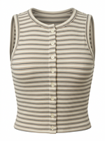 Ghost photo of an ivory STRIPED SLEEVELESS BUTTON UP TOP on a white background.