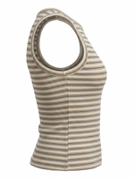 Ghost photo of an ivory STRIPED SLEEVELESS BUTTON UP TOP on a white background.