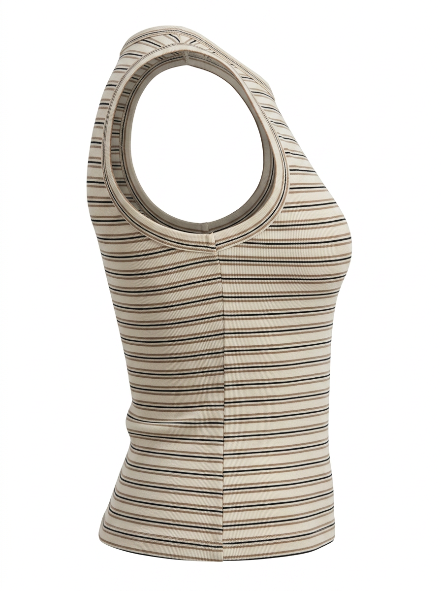 Ghost photo of an ivory STRIPED SLEEVELESS BUTTON UP TOP on a white background.