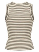 Ghost photo of an ivory STRIPED SLEEVELESS BUTTON UP TOP on a white background.