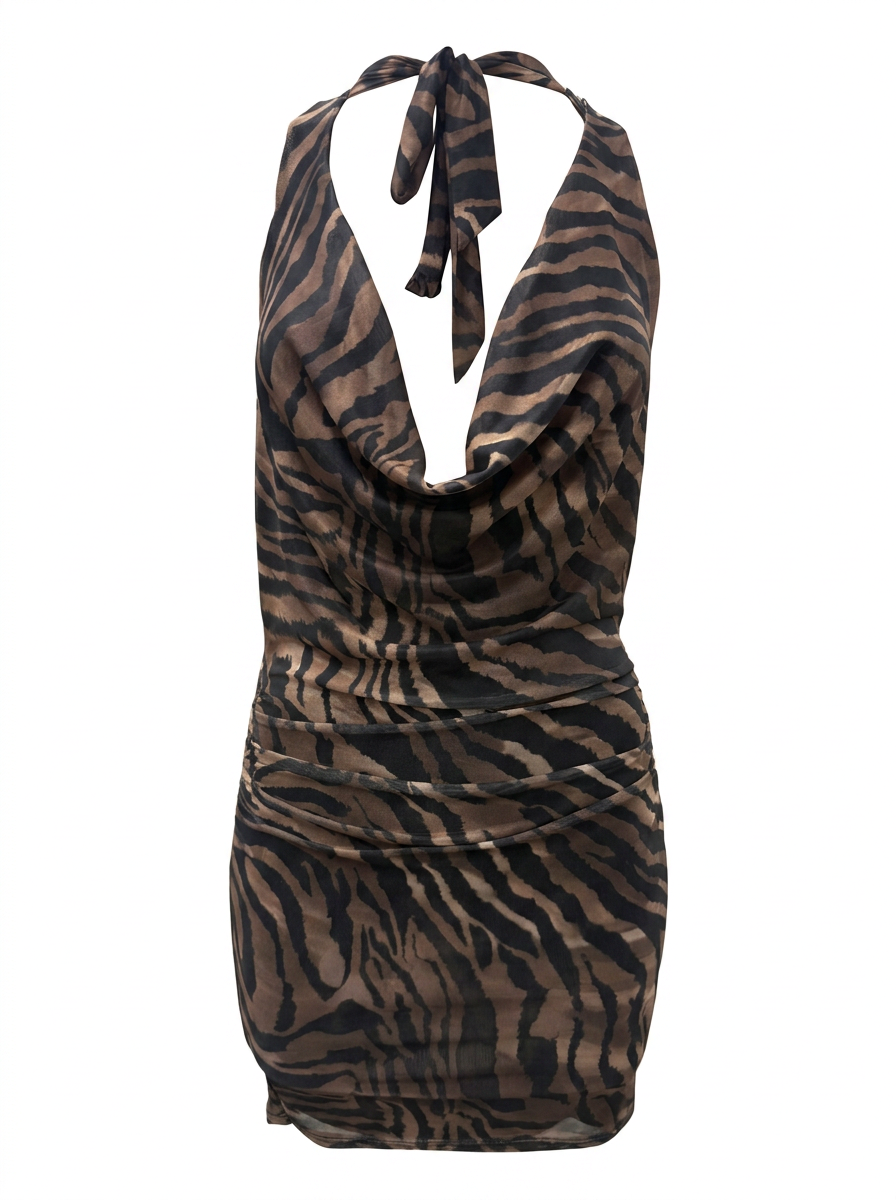 Ghost cut image of a brown TIE COWL NECK ZEBRA PRINT MINI DRESS on a white background.