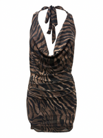 Ghost cut image of a brown TIE COWL NECK ZEBRA PRINT MINI DRESS on a white background.