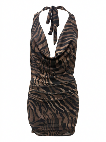 Ghost cut image of a brown TIE COWL NECK ZEBRA PRINT MINI DRESS on a white background.