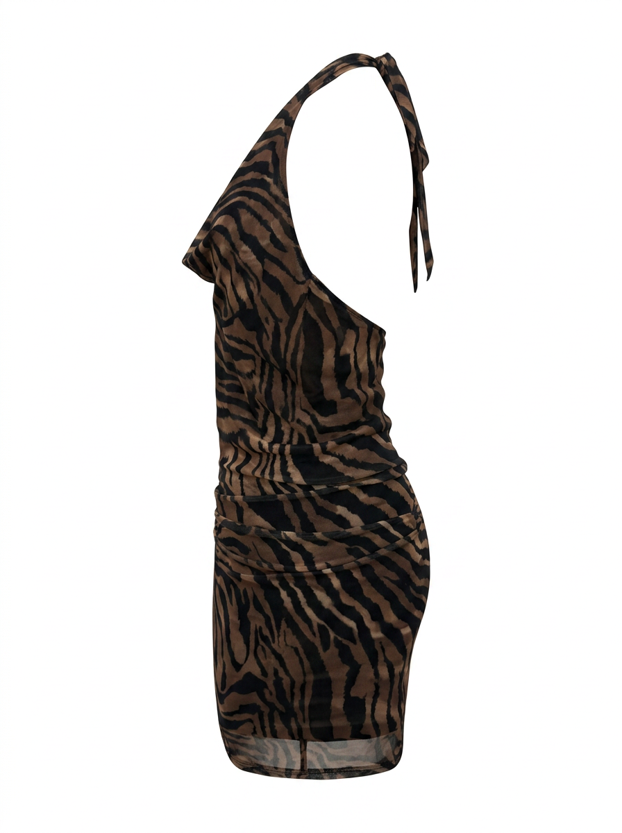 Ghost cut image of a brown TIE COWL NECK ZEBRA PRINT MINI DRESS on a white background.