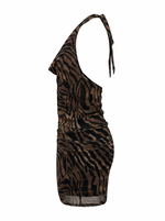 Ghost cut image of a brown TIE COWL NECK ZEBRA PRINT MINI DRESS on a white background.