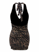 Ghost cut image of a brown TIE COWL NECK ZEBRA PRINT MINI DRESS on a white background.