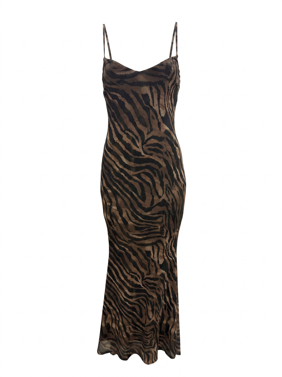 Ghost cut image of a brown ZEBRA PRINT SLEEVELESS DROP WAIST MAXI DRESS on a white background.