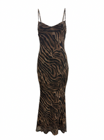 Ghost cut image of a brown ZEBRA PRINT SLEEVELESS DROP WAIST MAXI DRESS on a white background.