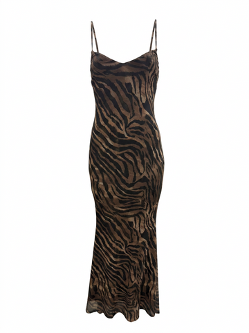 Ghost cut image of a brown ZEBRA PRINT SLEEVELESS DROP WAIST MAXI DRESS on a white background.