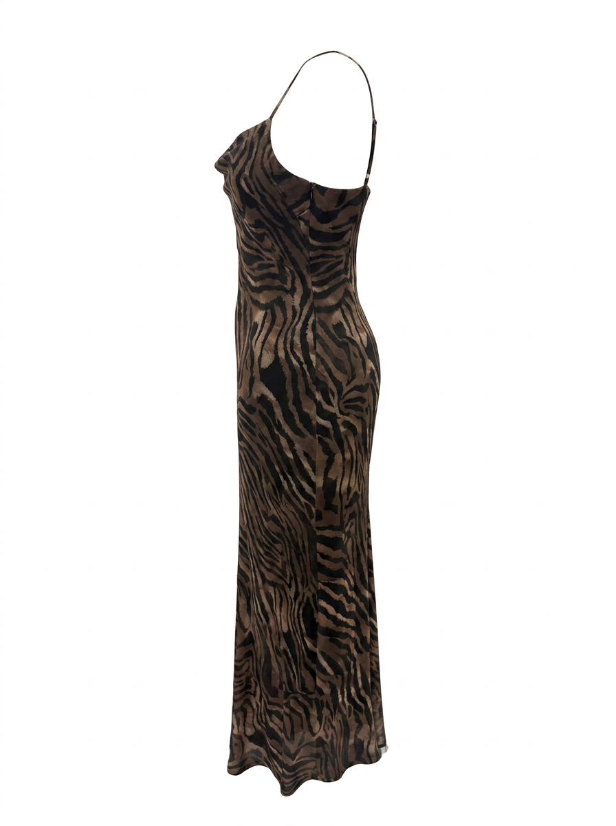 Ghost cut image of a brown ZEBRA PRINT SLEEVELESS DROP WAIST MAXI DRESS on a white background.