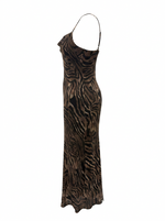 Ghost cut image of a brown ZEBRA PRINT SLEEVELESS DROP WAIST MAXI DRESS on a white background.