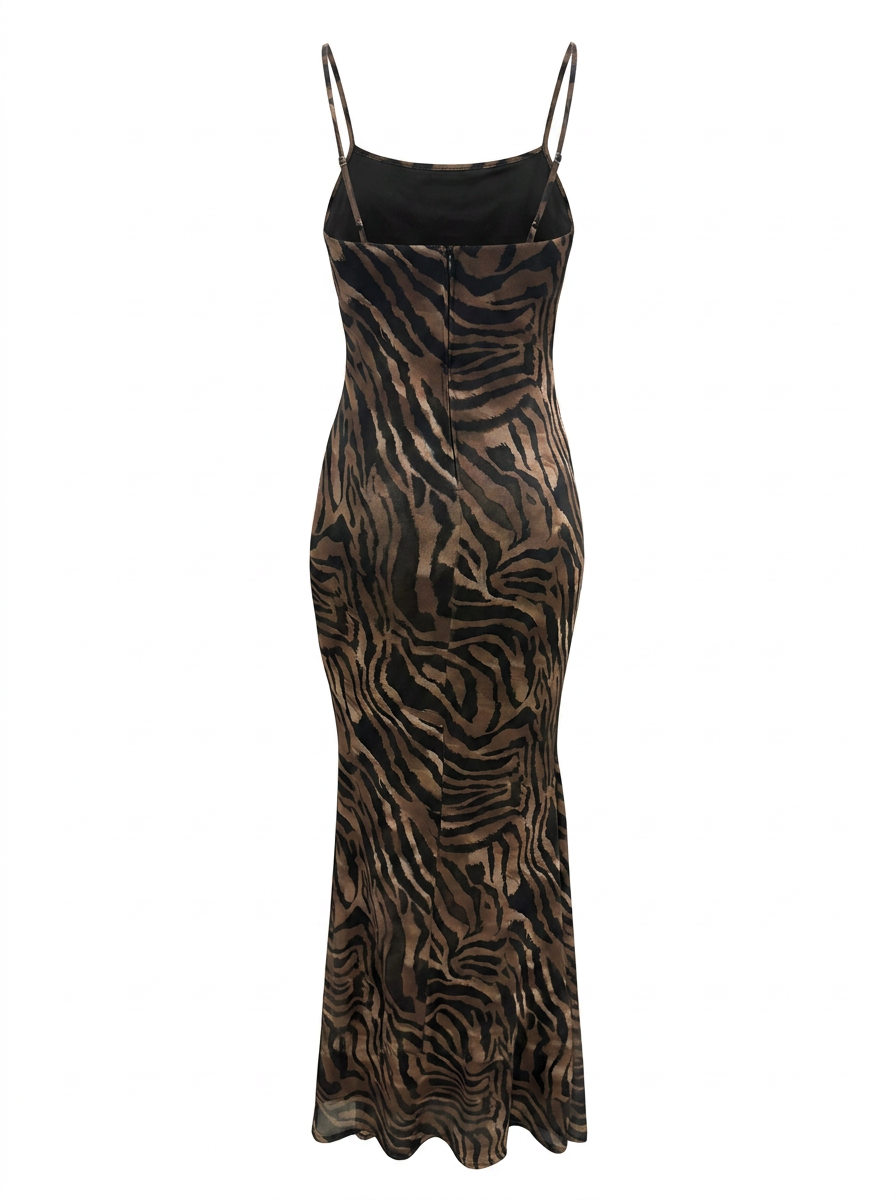 Ghost cut image of a brown ZEBRA PRINT SLEEVELESS DROP WAIST MAXI DRESS on a white background.