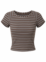 Ghost cut image of a brown BOAT NECK CAP SLEEVE STRIPED BOXY FIT TOP on a white background.