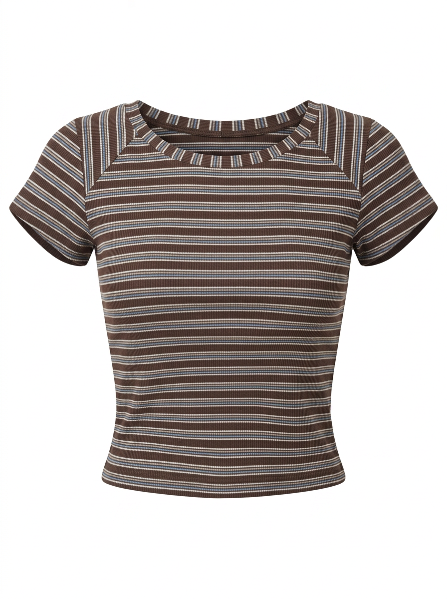 Ghost cut image of a brown BOAT NECK CAP SLEEVE STRIPED BOXY FIT TOP on a white background.