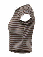 Ghost cut image of a brown BOAT NECK CAP SLEEVE STRIPED BOXY FIT TOP on a white background.