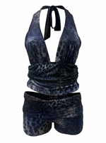 Ghost cut image of a blue LEOPARD HALTER TOP & FOLD OVER SHORT SET on a white background.