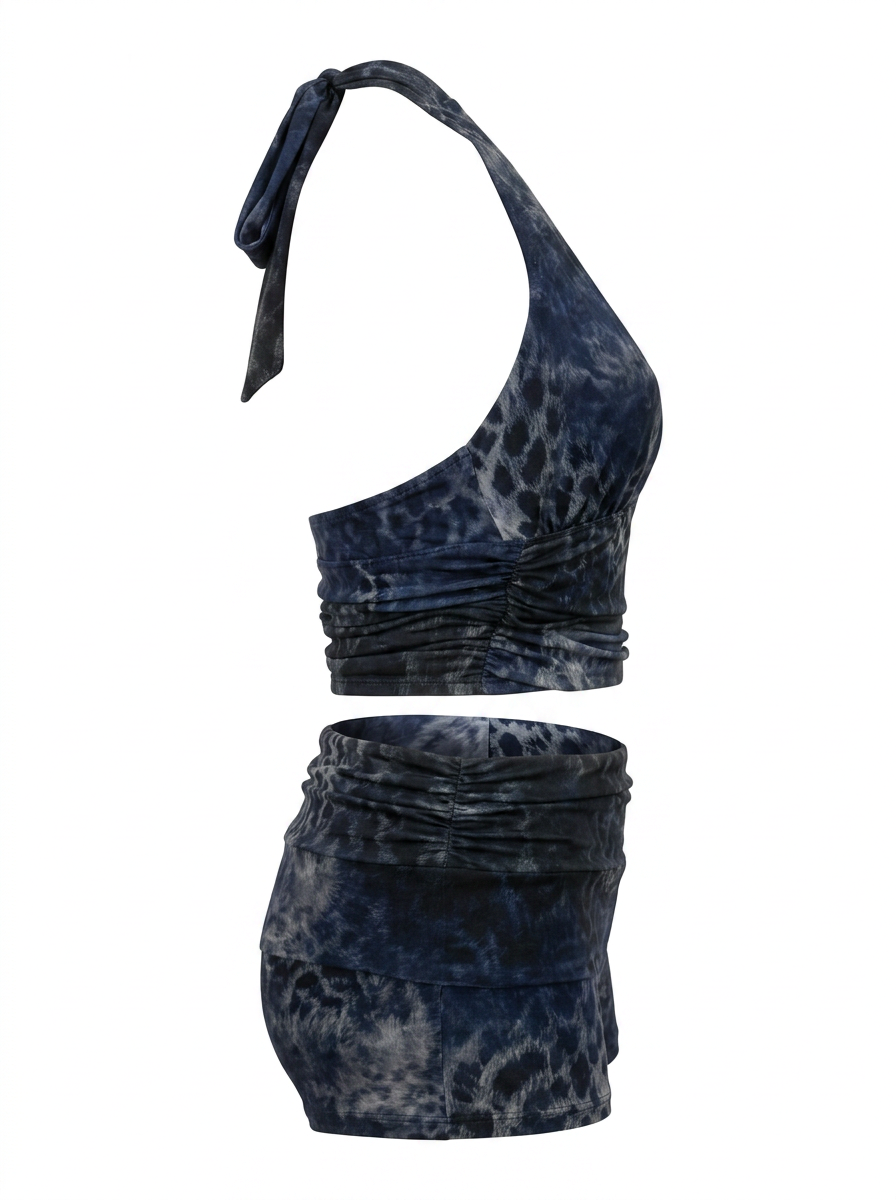 Ghost cut image of a blue LEOPARD HALTER TOP & FOLD OVER SHORT SET on a white background.