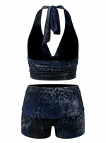 Ghost cut image of a blue LEOPARD HALTER TOP & FOLD OVER SHORT SET on a white background.