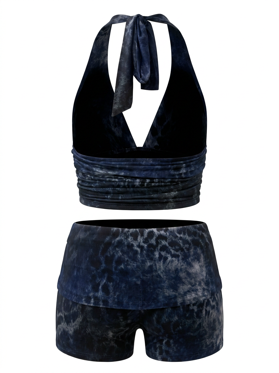Ghost cut image of a blue LEOPARD HALTER TOP & FOLD OVER SHORT SET on a white background.