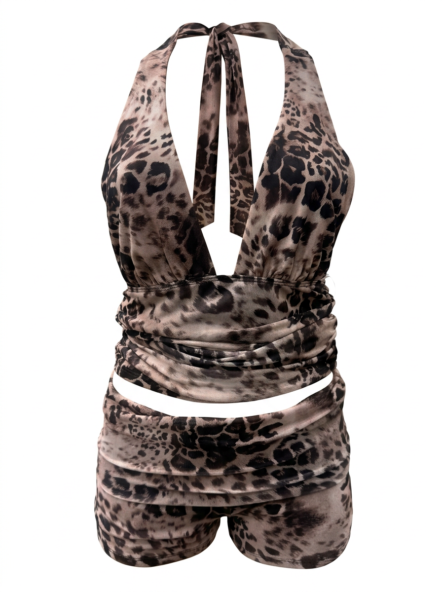 Ghost cut image of a brown LEOPARD HALTER TOP & FOLD OVER SHORT SET on a white background.