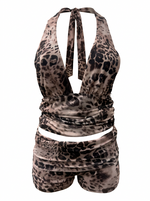 Ghost cut image of a brown LEOPARD HALTER TOP & FOLD OVER SHORT SET on a white background.