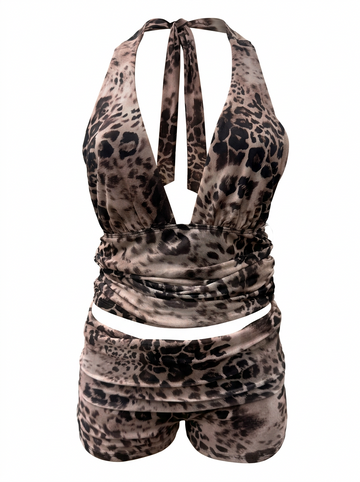 Ghost cut image of a brown LEOPARD HALTER TOP & FOLD OVER SHORT SET on a white background.