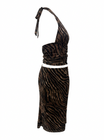 Ghost cut image of a brown ZEBRA PRINT HALTER TOP & MAXI SKIRT SET on a white background.