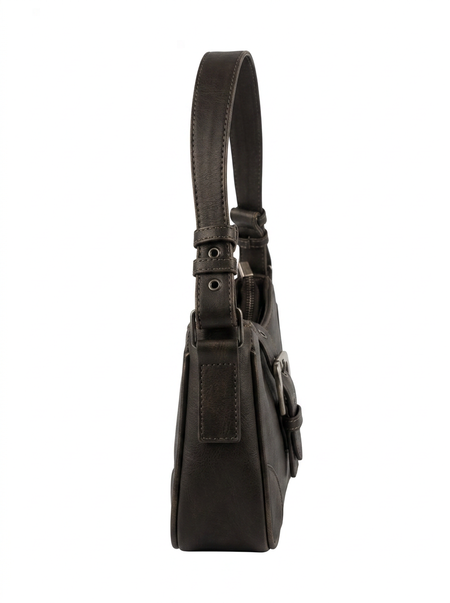 LEATHER SADDLE FRONT BUCKLE STRAP DETAIL SHOULDER BAG