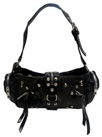 STUDDED RIVET AND MULTI ZIPPER VEGAN LEATHER BAG