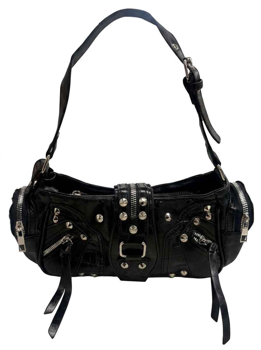 STUDDED RIVET AND MULTI ZIPPER VEGAN LEATHER BAG