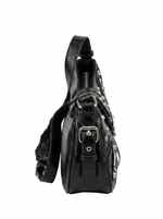 STUDDED RIVET AND MULTI ZIPPER VEGAN LEATHER BAG