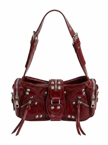 STUDDED RIVET AND MULTI ZIPPER VEGAN LEATHER BAG