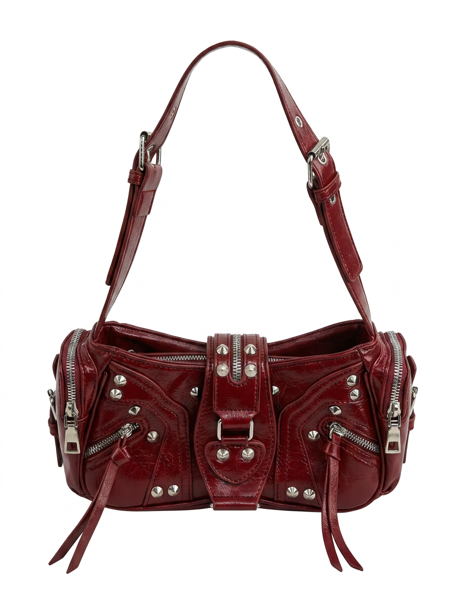 STUDDED RIVET AND MULTI ZIPPER VEGAN LEATHER BAG