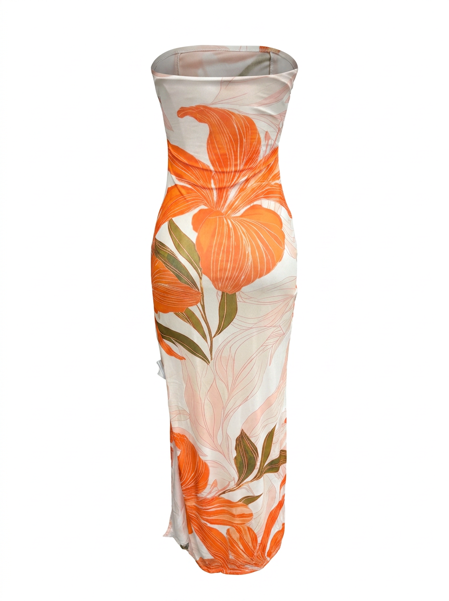 LARGE FLORAL PRINT STRAPLESS SHEATH MAXI DRESS