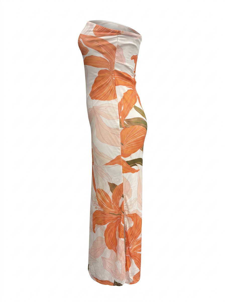LARGE FLORAL PRINT STRAPLESS SHEATH MAXI DRESS