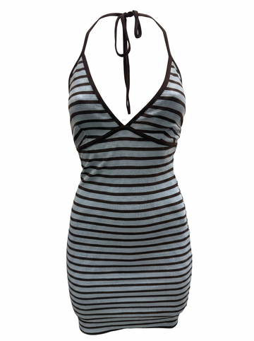 STRIPED TIE V NECK BODYCON MINI DRESS BTS / BLUE / M