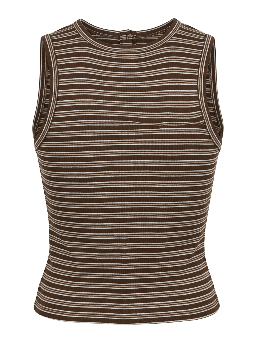 Ghost photo of a brown STRIPED SLEEVELESS BUTTON UP TOP on a white background.