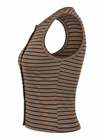 Ghost photo of a brown STRIPED SLEEVELESS BUTTON UP TOP on a white background.
