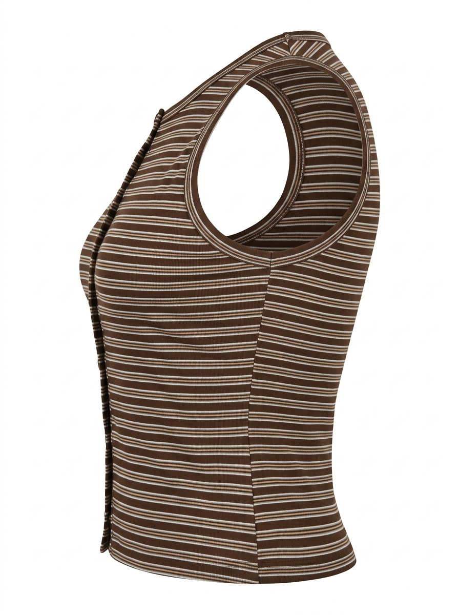 Ghost photo of a brown STRIPED SLEEVELESS BUTTON UP TOP on a white background.