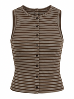 Ghost photo of a brown STRIPED SLEEVELESS BUTTON UP TOP on a white background.