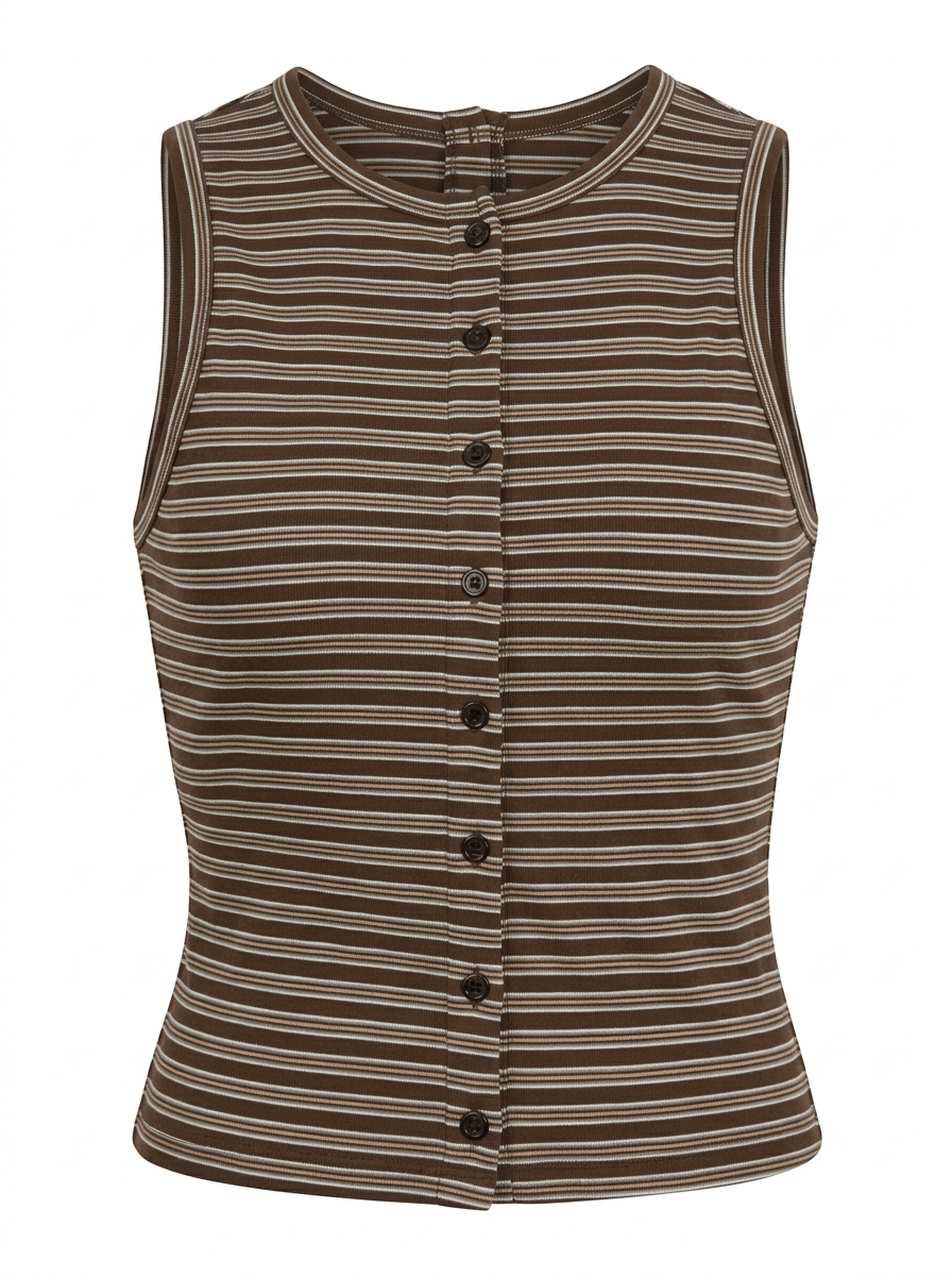 Ghost photo of a brown STRIPED SLEEVELESS BUTTON UP TOP on a white background.
