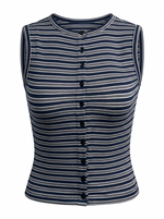 Ghost photo of a navy STRIPED SLEEVELESS BUTTON UP TOP on a white background.