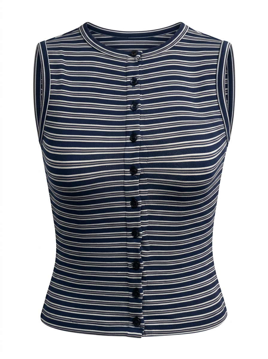 Ghost photo of a navy STRIPED SLEEVELESS BUTTON UP TOP on a white background.