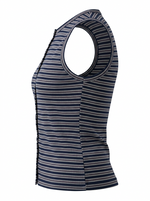 Ghost photo of a navy STRIPED SLEEVELESS BUTTON UP TOP on a white background.