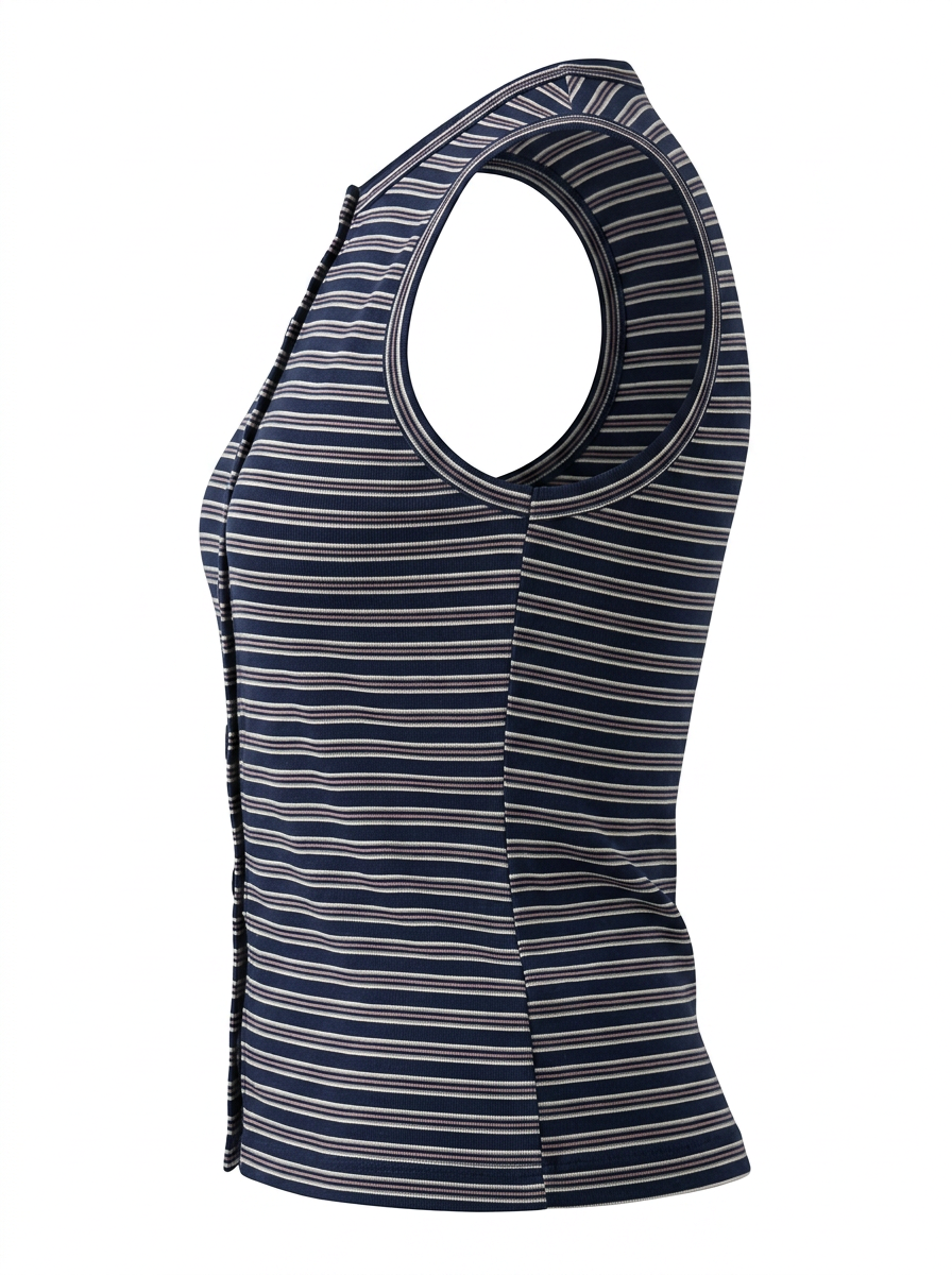Ghost photo of a navy STRIPED SLEEVELESS BUTTON UP TOP on a white background.