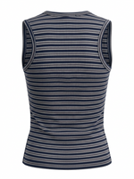 Ghost photo of a navy STRIPED SLEEVELESS BUTTON UP TOP on a white background.