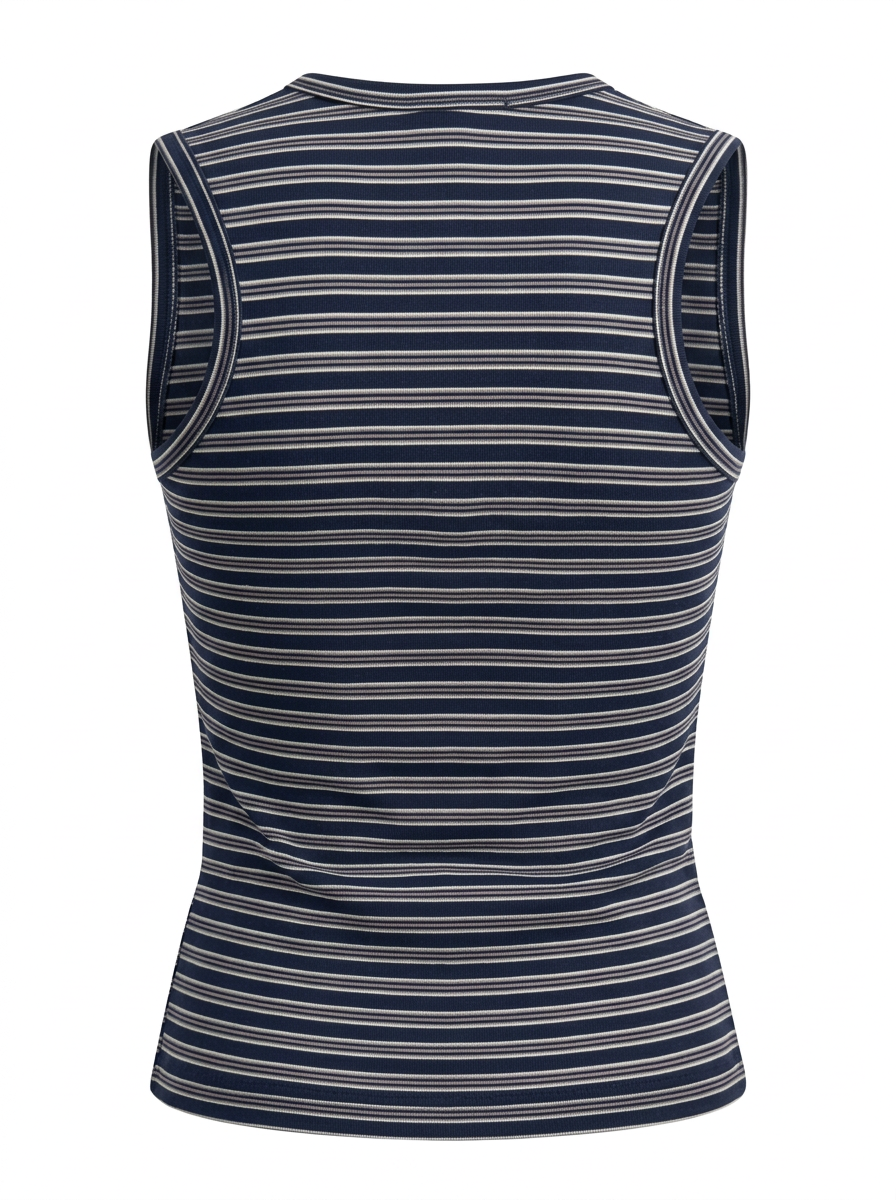 Ghost photo of a navy STRIPED SLEEVELESS BUTTON UP TOP on a white background.