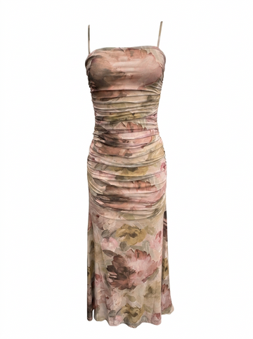RUCHED FLORAL PRINT SLEEVELESS MAXI DRESS